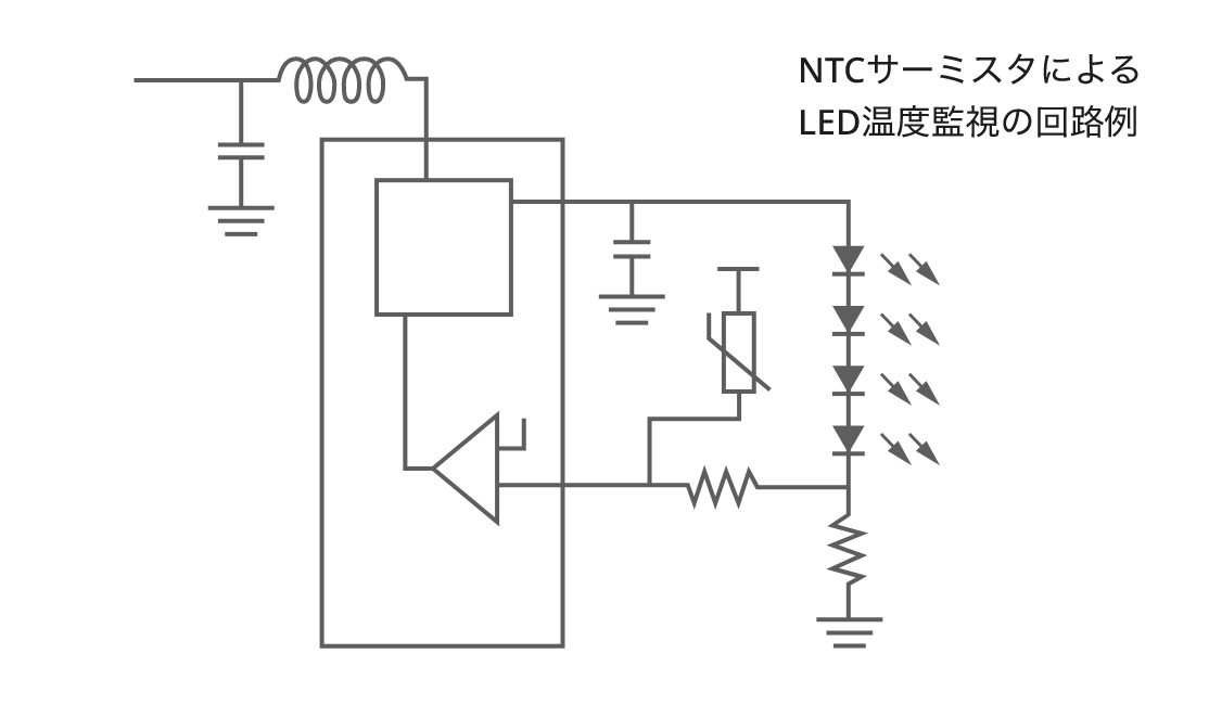 NTCサーミスタによるLED温度監視の回路例