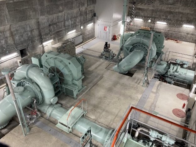 Inside of the Komatagawa New Power Plant building (water turbines and generators)
