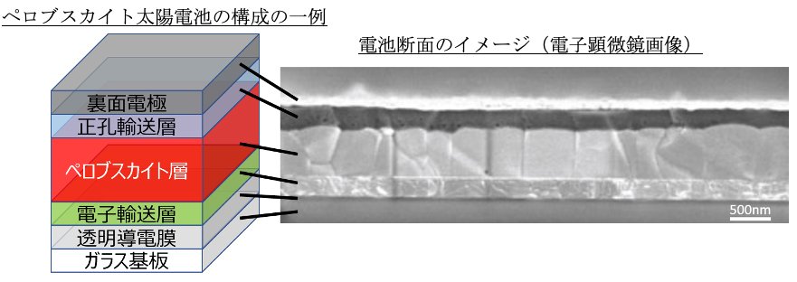 ペロブスカイト太陽電池の構成の一覧、電池断面のイメージ（電子顕微鏡画像）